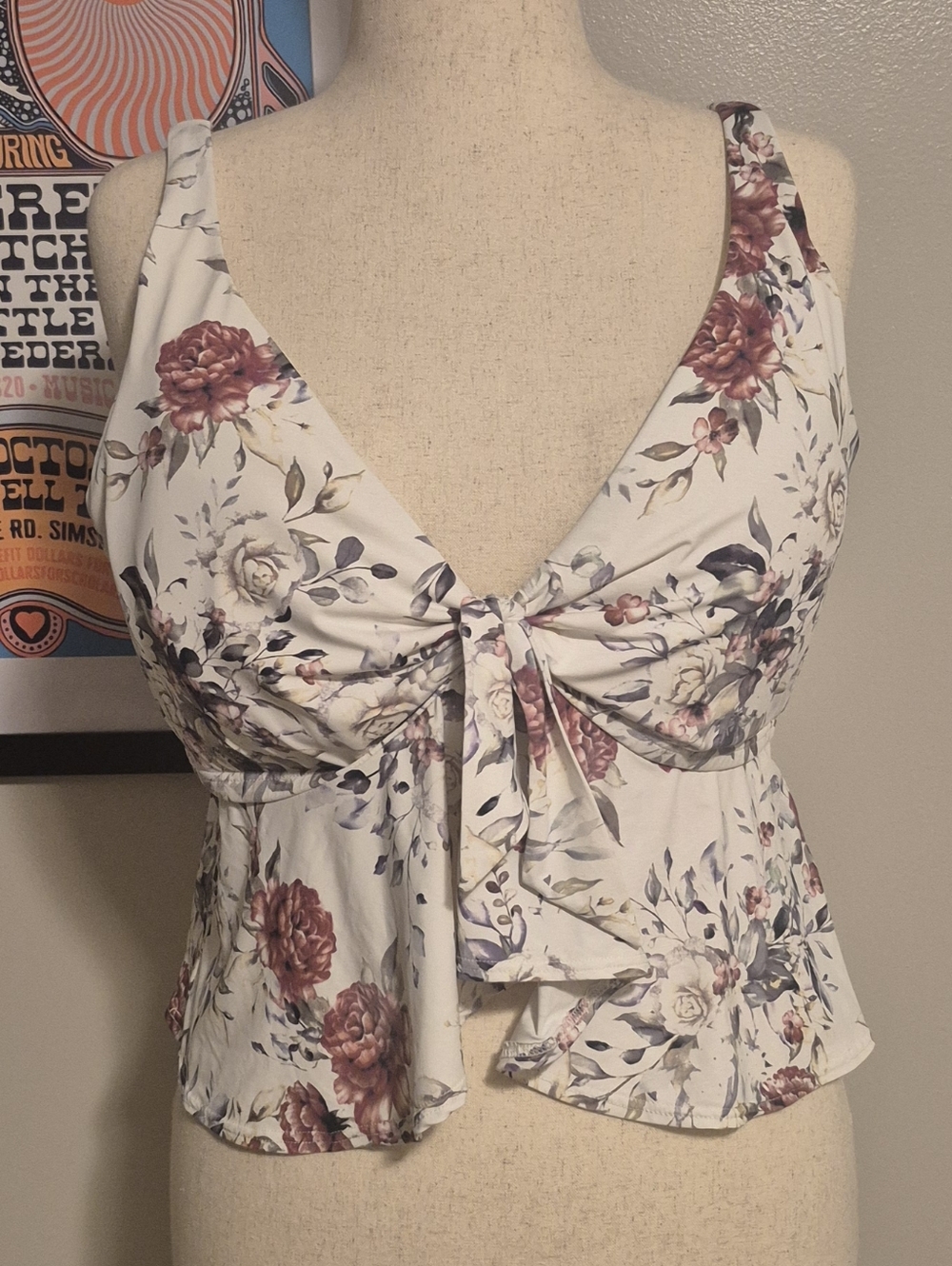 Artesands XXL Floral Tie-Front Swim Camisole in White with Rose and Sage Print